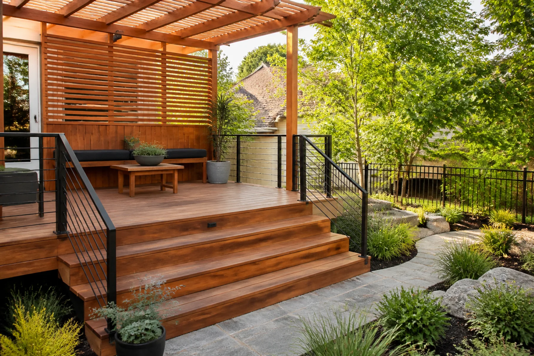 Cedar deck with slatted pergola, privacy screen and black railing