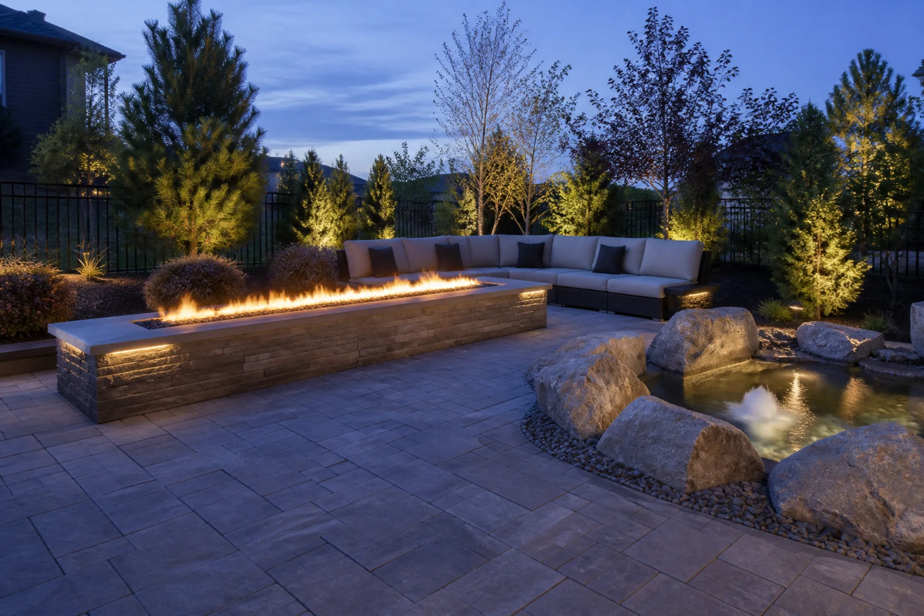 Linear gas fire table and bubbling rock water basin
