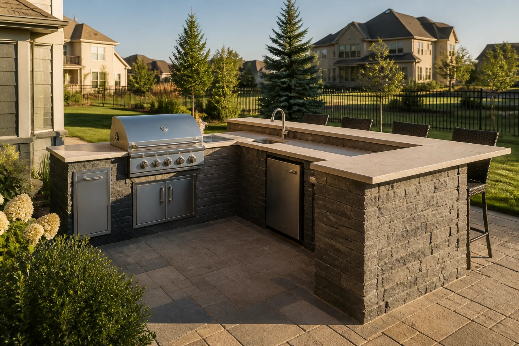 Open-air L-shaped outdoor kitchen with built-in grill