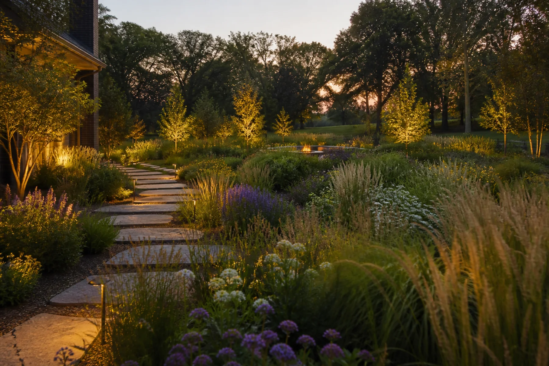 Native prairie garden with stepping stone path and landscape lighting