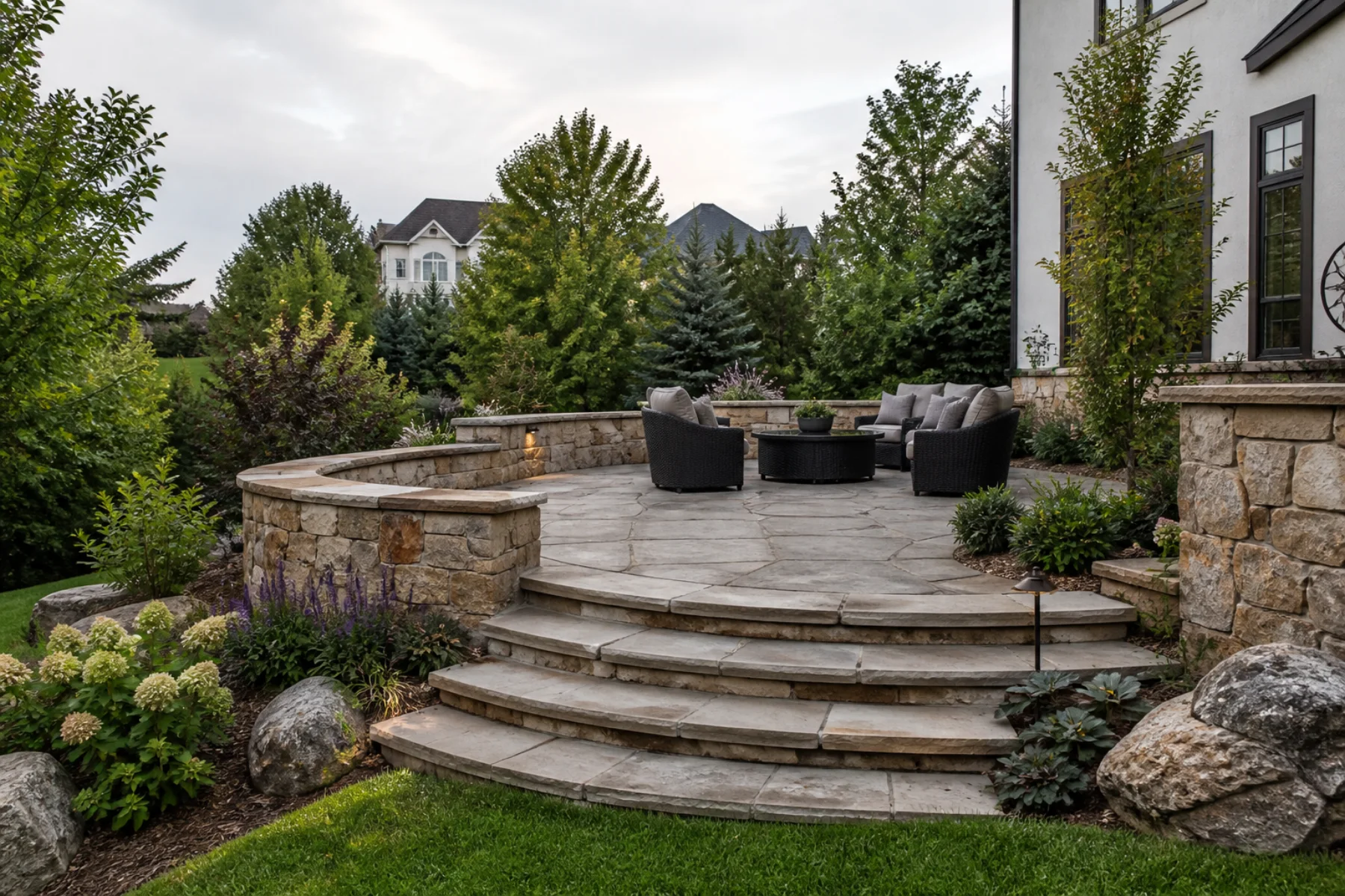 Curved flagstone patio with limestone seat wall and steps