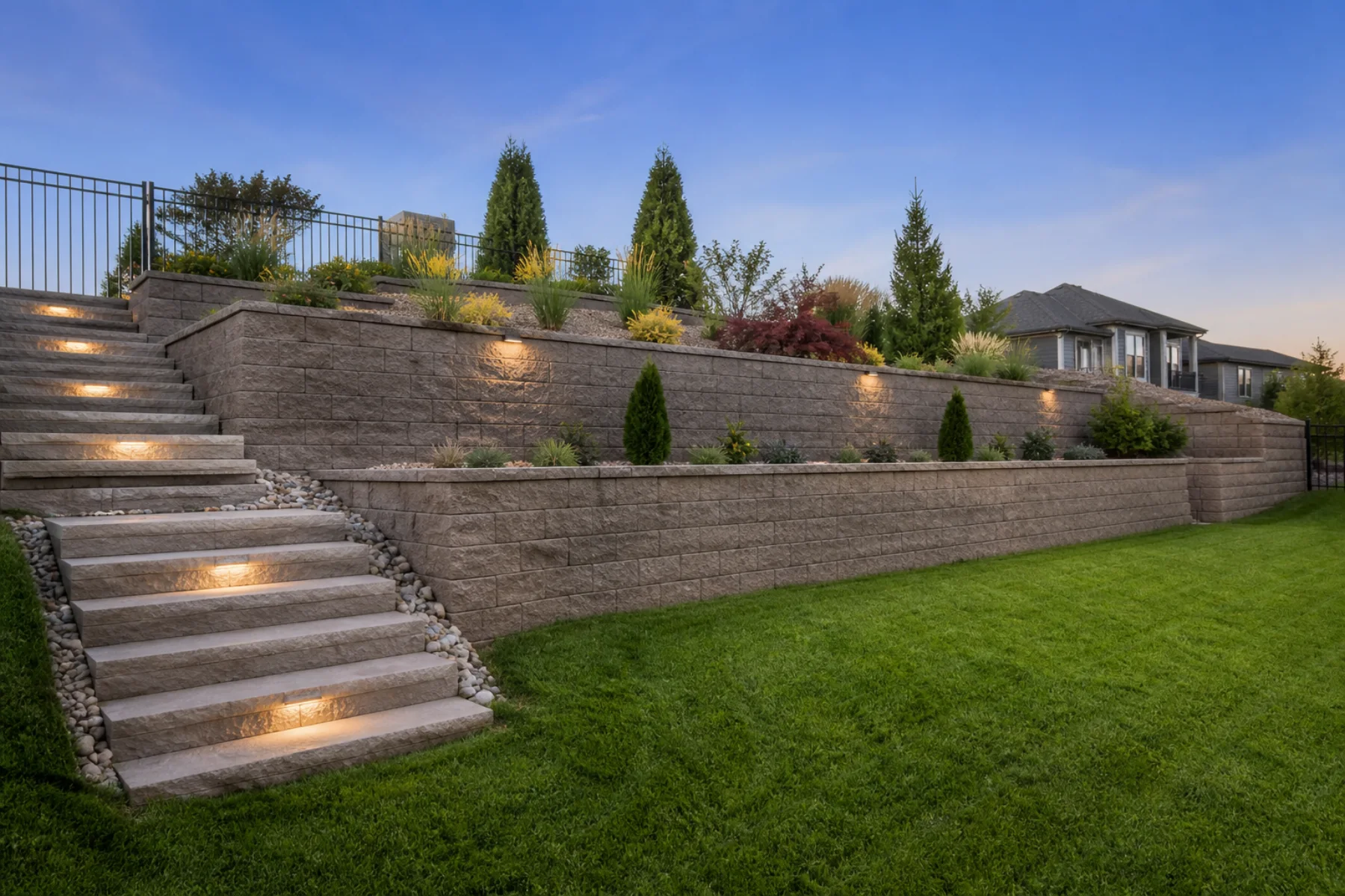Tiered block retaining walls with masonry steps and finished lawn