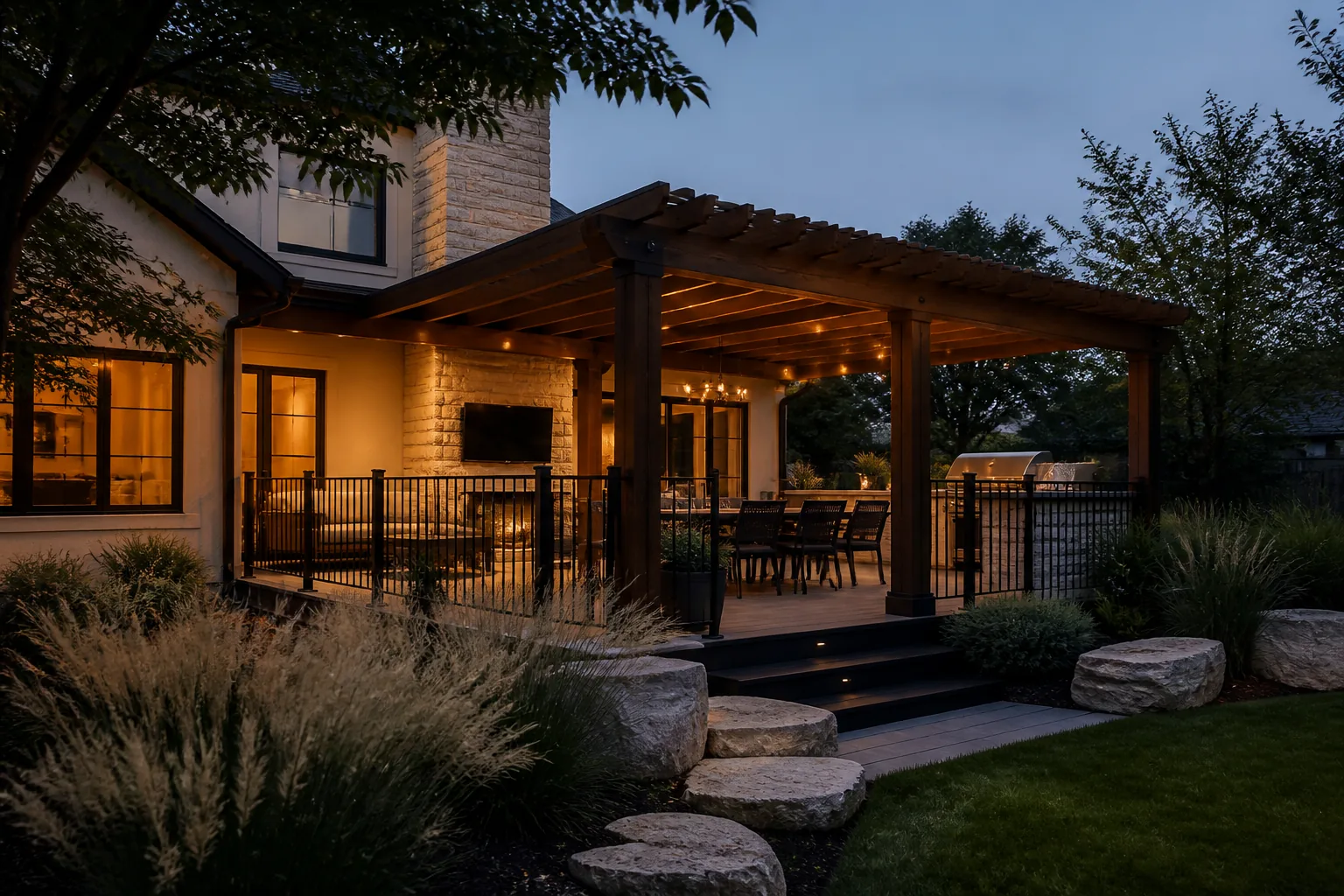 Pergola covering an outdoor gathering space near Omaha
