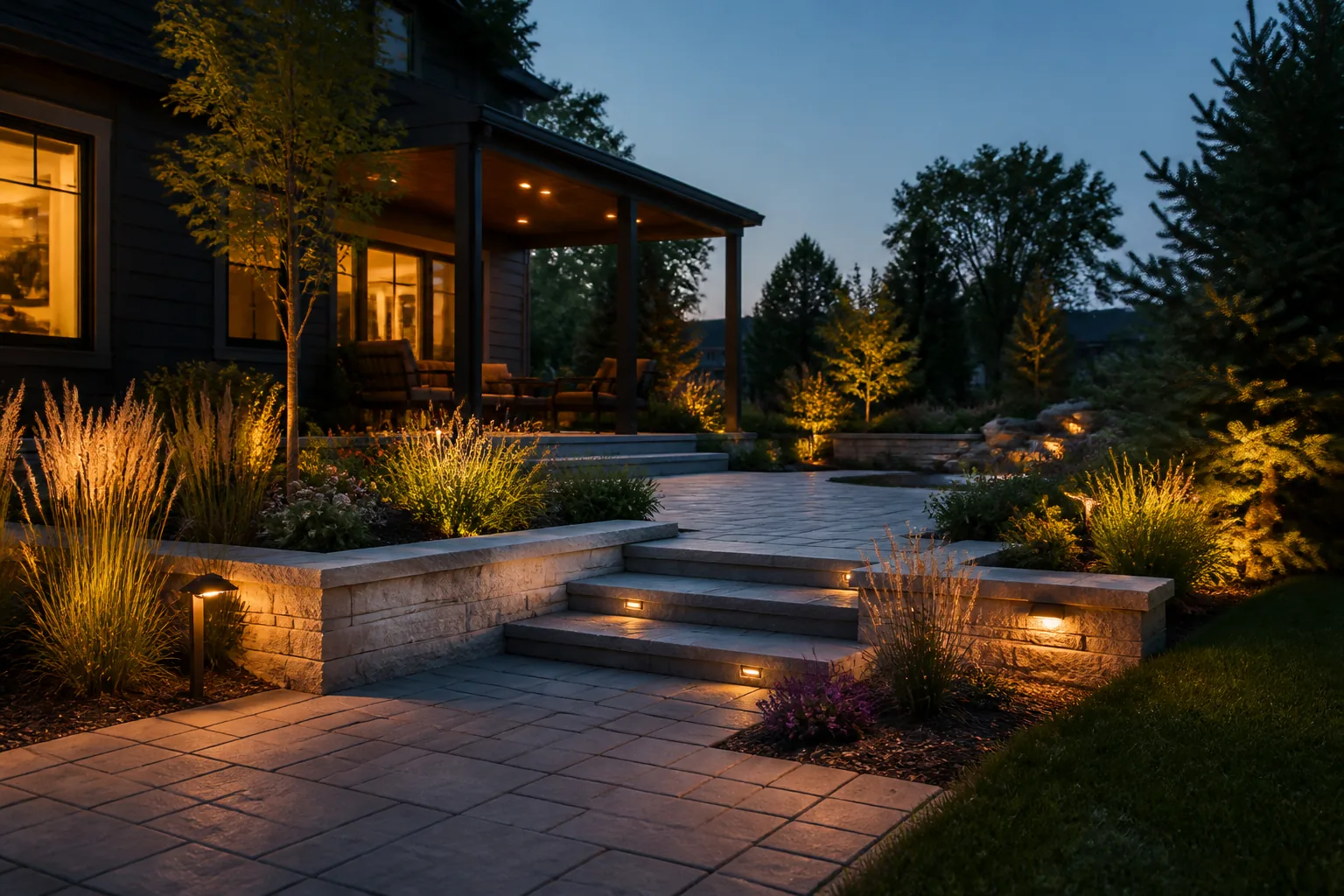 Properly graded landscaped patio with drainage and lighting