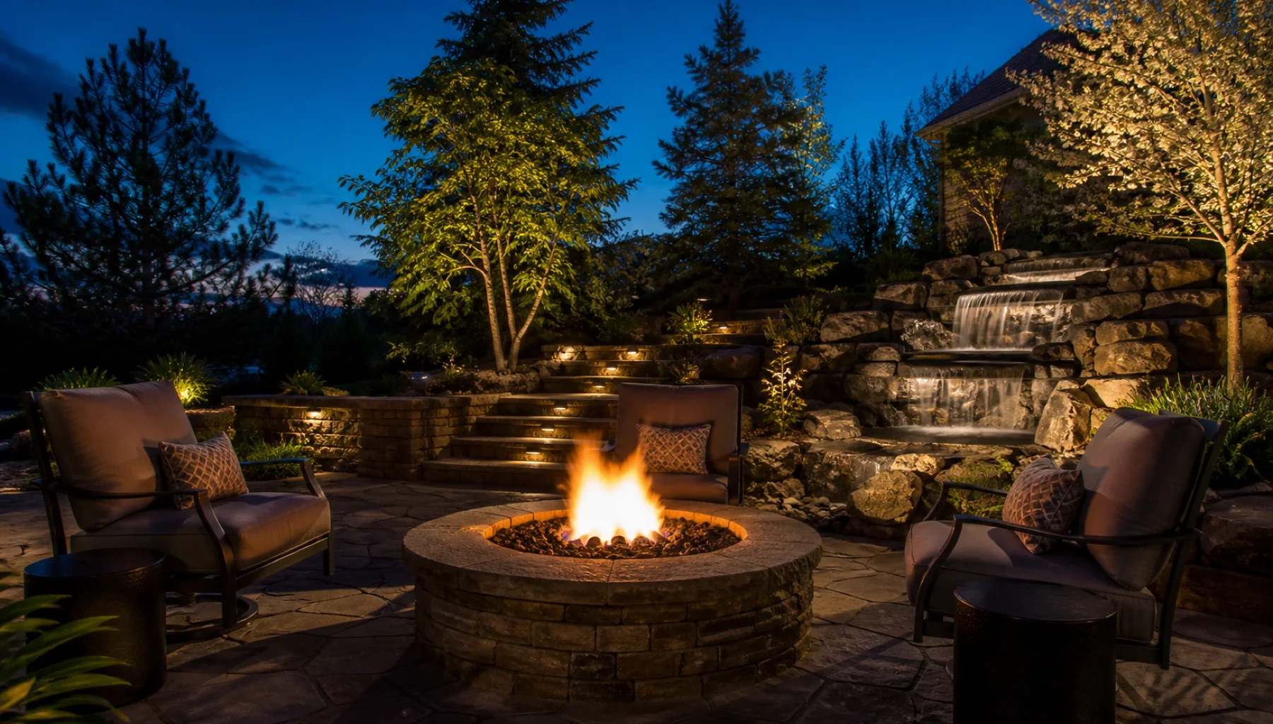 Gas fire pit surrounded by a stone patio in an Omaha backyard
