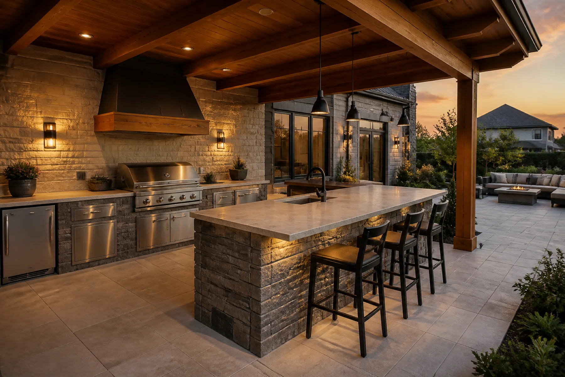 Built-in outdoor kitchen with grill and stone counters in Omaha