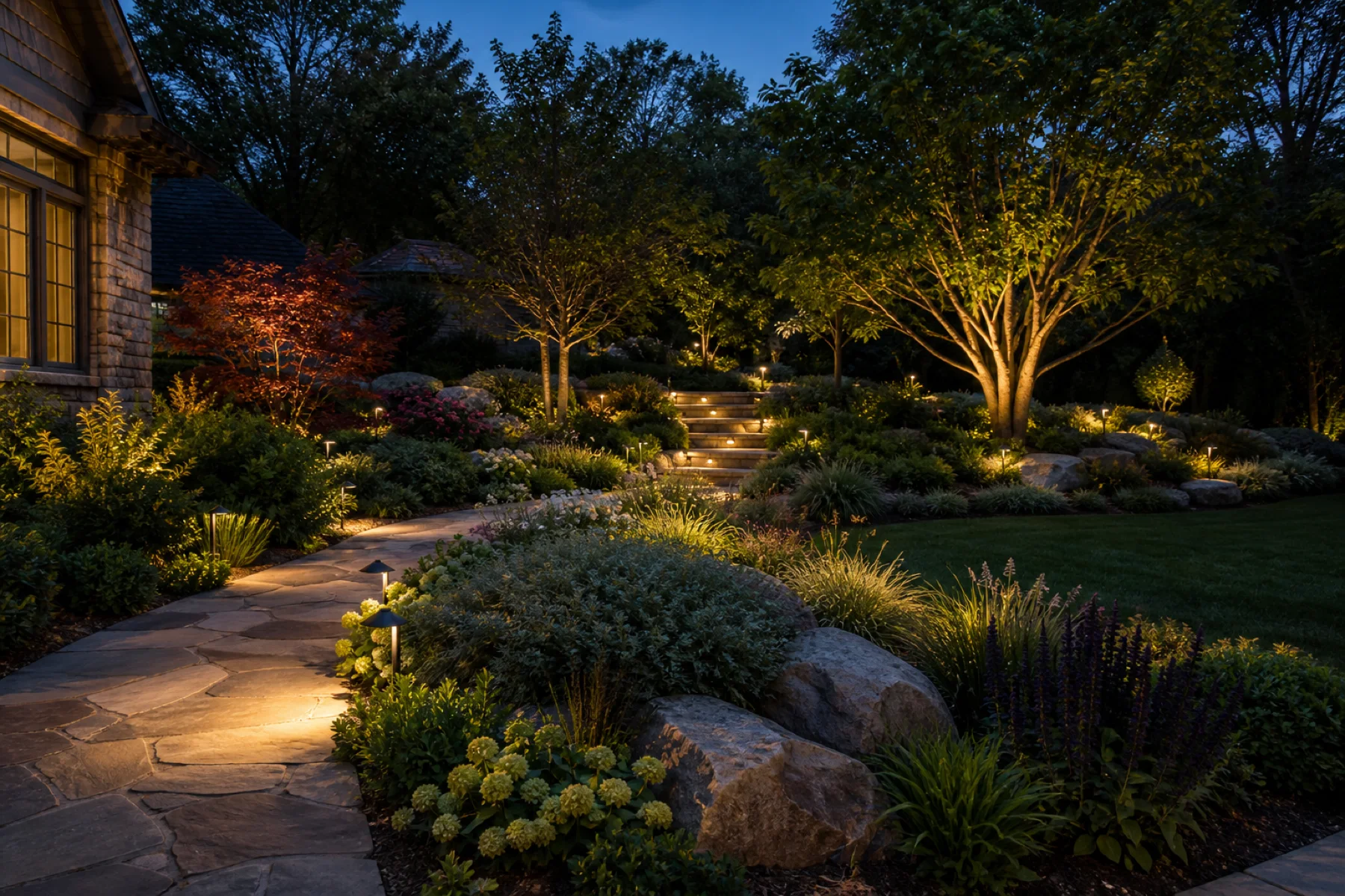 Warm low-voltage landscape lighting along an Omaha patio and planting beds