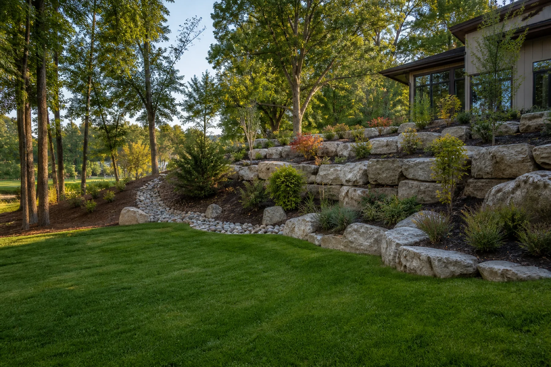 Boulder retaining walls, terraced grading and drainage in an Omaha landscape